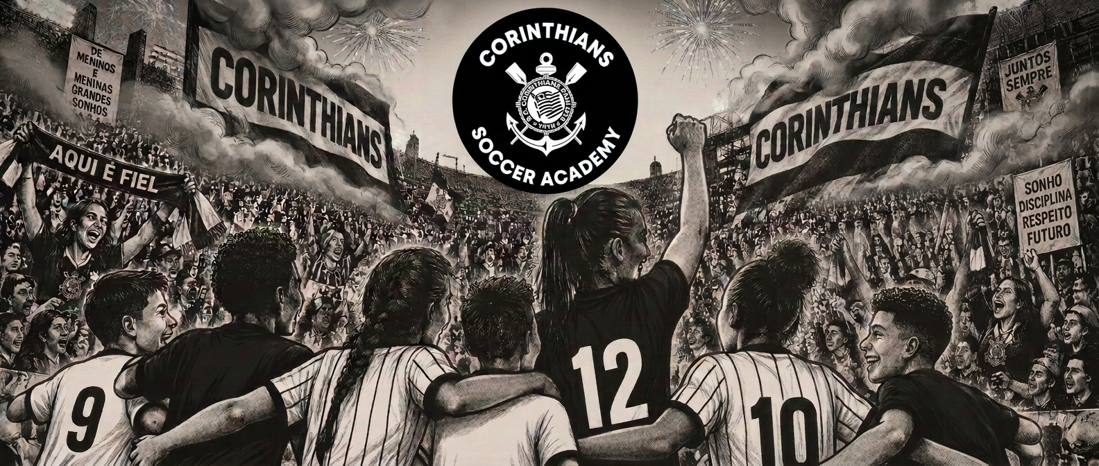 Ilustração de meninos e meninas com camisas do Corinthians diante da Fiel